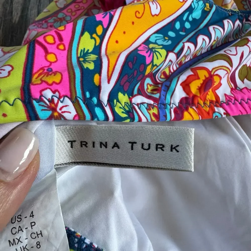 Trina Turk Vibrant Ruffled Bandeau Strapless Bikini Swim Suit Top Size 4 Small